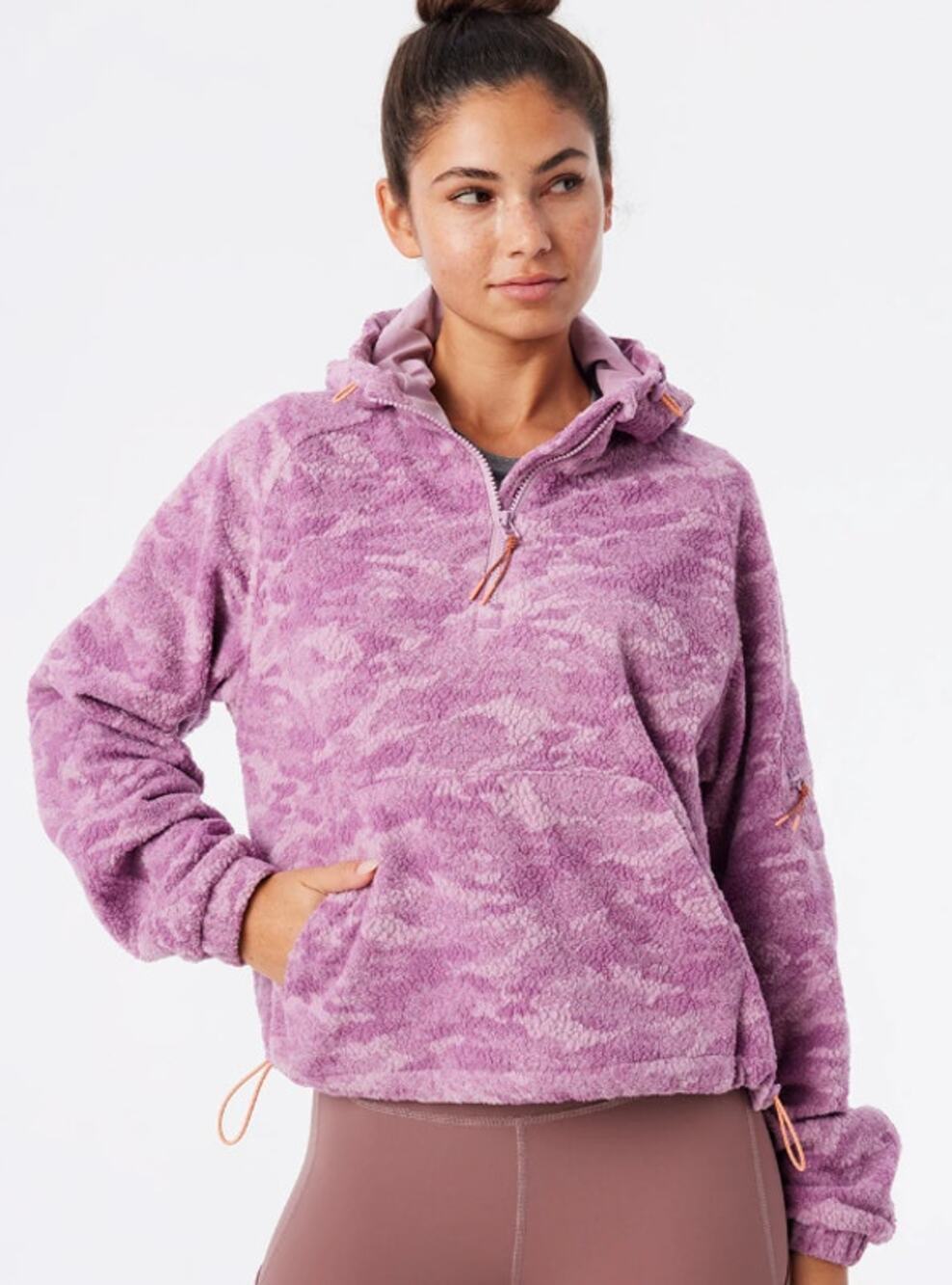 Outdoor Voices PrimoFleece 1/4 Zip Hoodie Sherpa Fleece Camo Jacket, Purple
